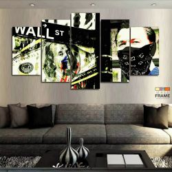 Quadro Decorativo Lobo Wall Street Dólar 5 peças 130 x 63