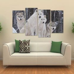 Quadro Paisagem Matilha De Lobos Brancos Em Tecido 4 Peças 140 x 80 cm
