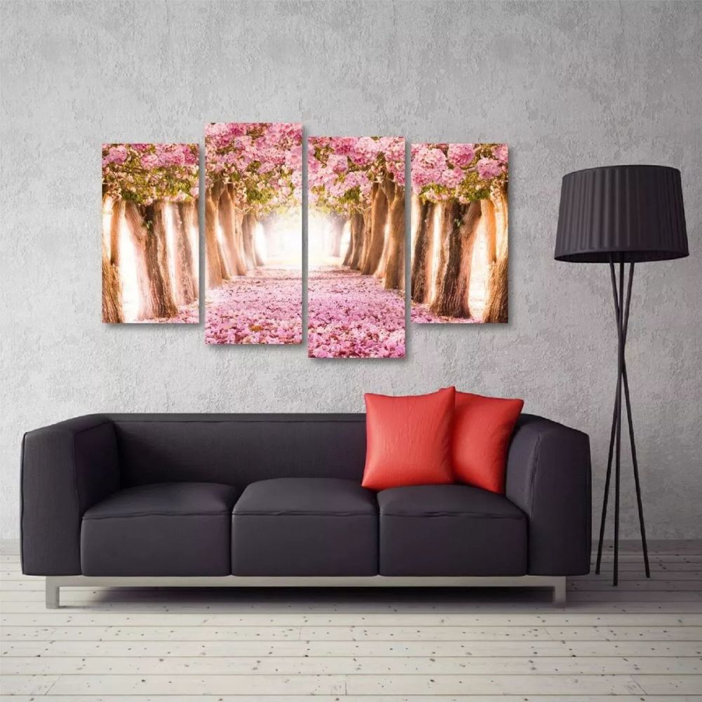 Quadro Paisagem Flores Rosa Mosaico Em Tecido 4 Peças 1 140 x 80 cm Imagem 4