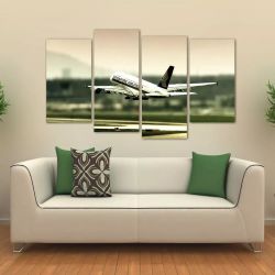 Quadro Paisagem Avião Decolando Mosaico Em Tecido 4 Peças 1 140 x 80 cm