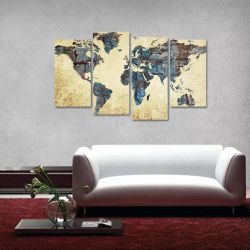 Quadro Mapa Mundi Decorativo Vintage Telas Em Tecido 4 Peças 140 x 80 cm