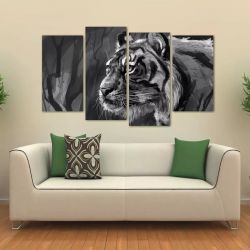 Quadro Decorativo Tigre Artístico Sala Em Tecido 4 Peças 1 140 x 80 cm