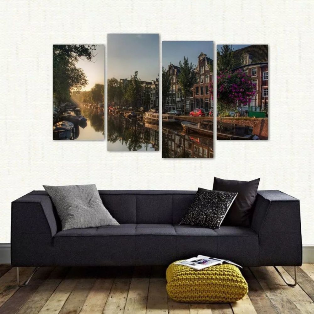 Quadro Decorativo Paisagem Amsterdã Lago Em Tecido 4 Peças 1 140 x 80 cm Imagem 1