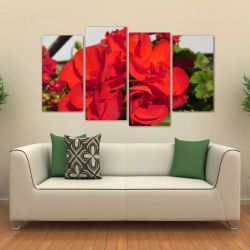 Quadro Decorativo Flores Vermelhas Sala Em Tecido 4 Peças 1R   140 x 80 cm