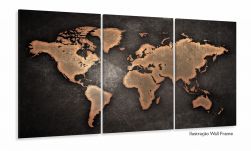 Quadro Mapa Mundi Mosaico 3 Peças Sala Quarto Escritórios 120x60