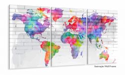 Quadro Mapa Mundi Colorido Aquarela Para Sala Quarto 125x60