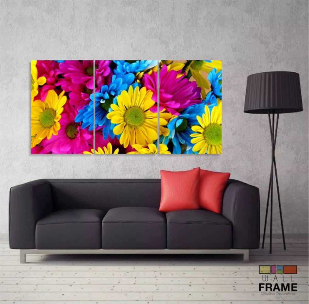 Quadro Decorativo Flores Coloridas Sala Em Tecido120x60 3 peças Imagem 3