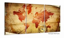 Quadro Decorativo Mapa Mundi Retro 120x60 3 peças