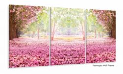 Quadro Paisagem Flores Rosas Sala Mosaico Em Tecido 120x60 3 peças