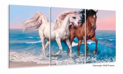 Quadro decorativo Cavalos Branco e Marrom Arte 120x60 mosaico 3 peças em tecido