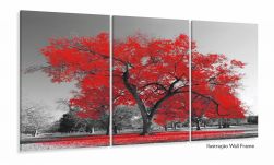 Quadros Decorativos Arvore Vida Vermelho Sala 120x60 3 peças