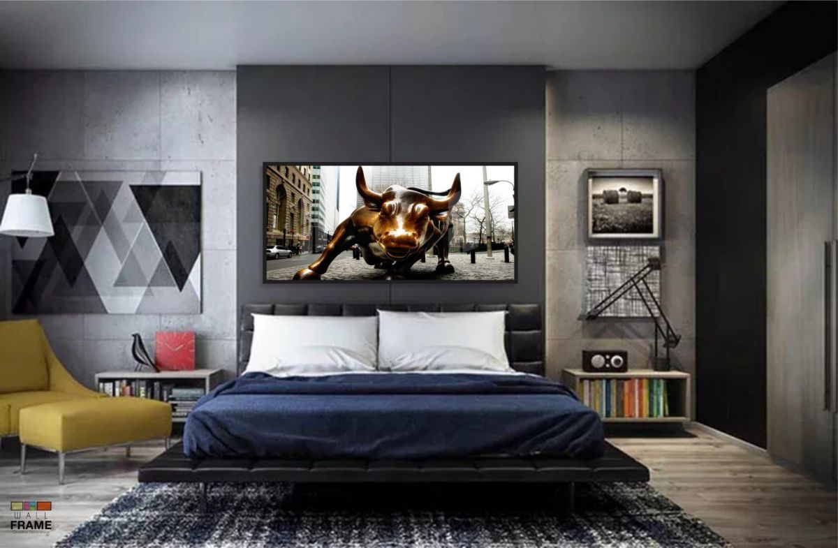 Quadro Decorativo Moderno Touro De Wall Street 130x60 Moldura Preta 2x2 Imagem 3