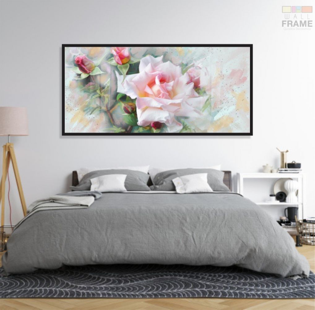 Quadro Flor Rosa Branca Sala Quarto Em Tecido 130x60 Moldura Preta 2x2 Imagem 5